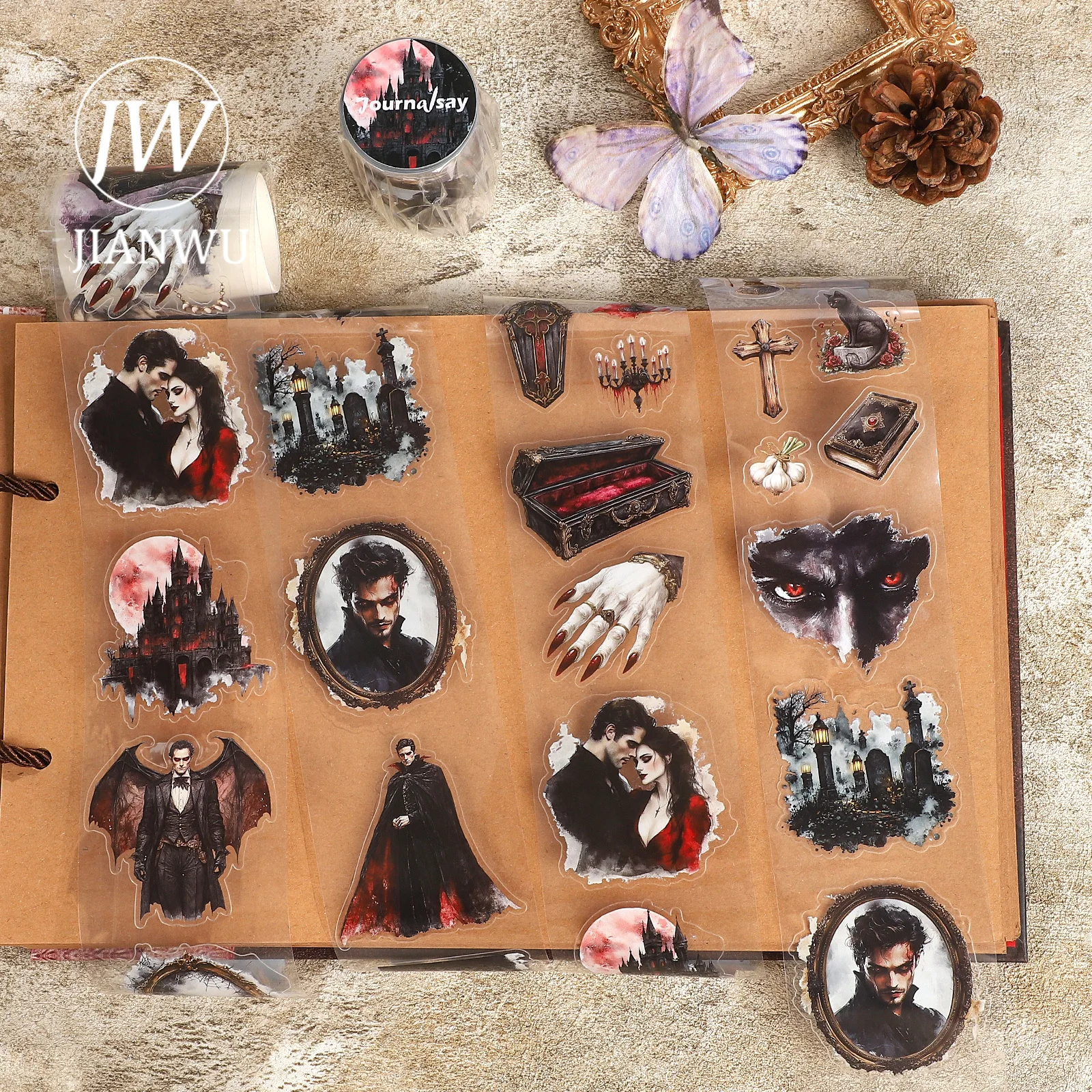 

JIANWU 60mm*200cm Vampire Diaries Series Vintage Dark Character Landscape Material Collage PET Tape Creative Journal Stationery