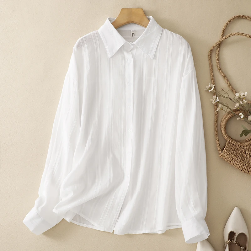 

Spring Summer Women's Long Sleeve Striped Shirt Lightweight Breathable Sun Protection Loose Fit Cotton Neck Casual Top