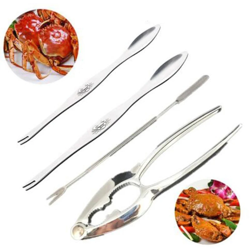 Seafood Cracking Tool Set 4Pcs Multi Purpose Lobster Crab Nut Cracker Kit Pliers Fork Spoon Stainless Steel Kitchen Gadgets For