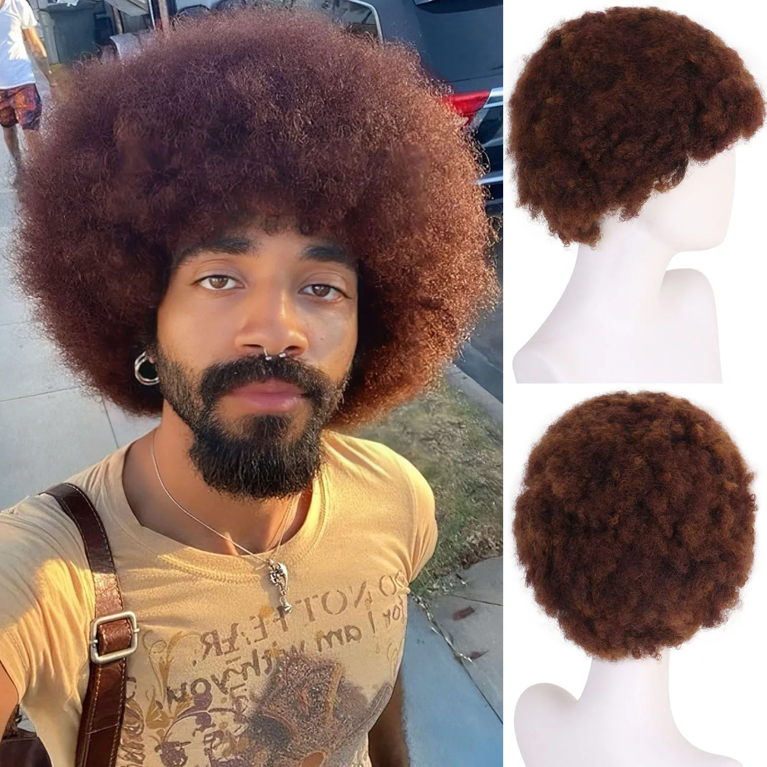 

Синтетический коричневый афроамериканский кудрявый короткий парик для чернокожих мужчин, натуральный объемный ретро-рокер, афро-кудрявый вьющийся парик, повседневный косплей