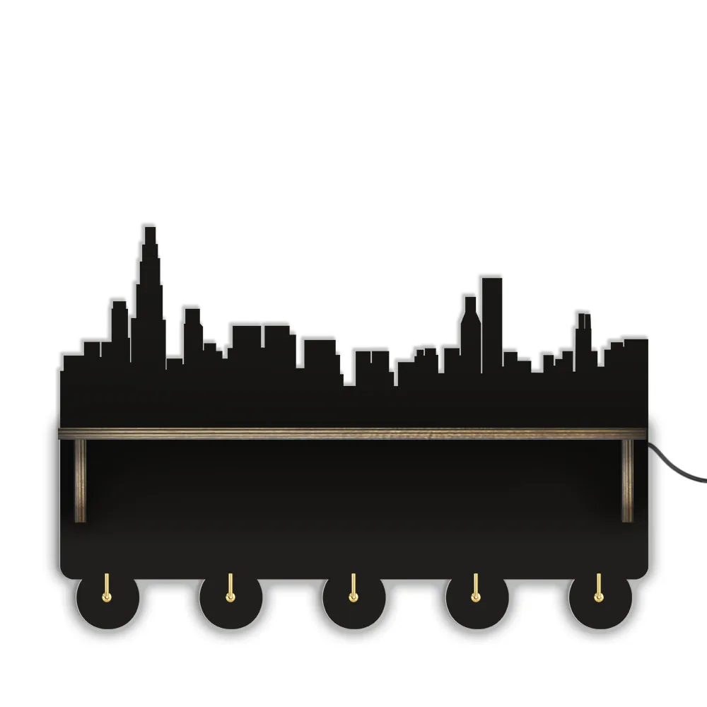 

Chicago Skyline Decorative Key Organizer Rack with 5 Hooks For Bedroom Illinois Cityscape Wall Mount Wood Plaque Display Shelf