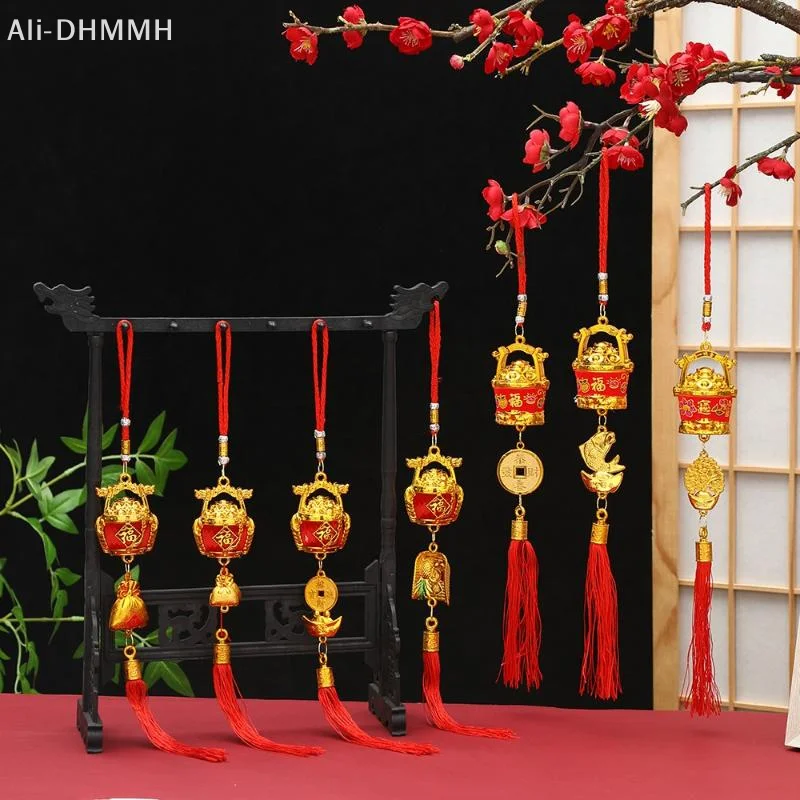 Lunar New Year Hanging Decor with Red Tassel Golden Lucky Charm Exquisite Handmade Ornament for Home Wall Spring Festival Party