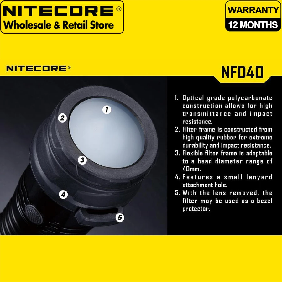 Filtro Nitecore 40mm NFR40 NFB40 NFG40 NFD40 adequado para lanterna com cabeça de 40mm