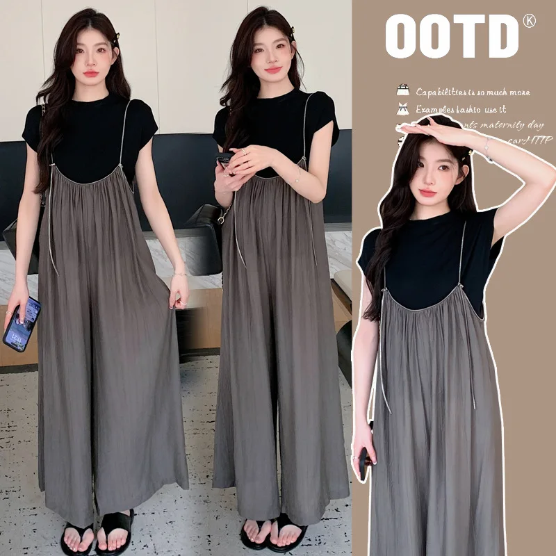

Trendy Pregnancy Outfit Summer Wide Leg Overalls with Zipper Design Breezy Top Comfortable Two Piece Set for Expecting Mothers