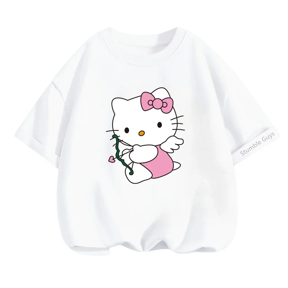 

Детская летняя футболка Hello Kitty для детей от 3 до 14 лет, одежда Sanrio Kawaii для мальчиков, повседневная футболка в стиле аниме для девочек