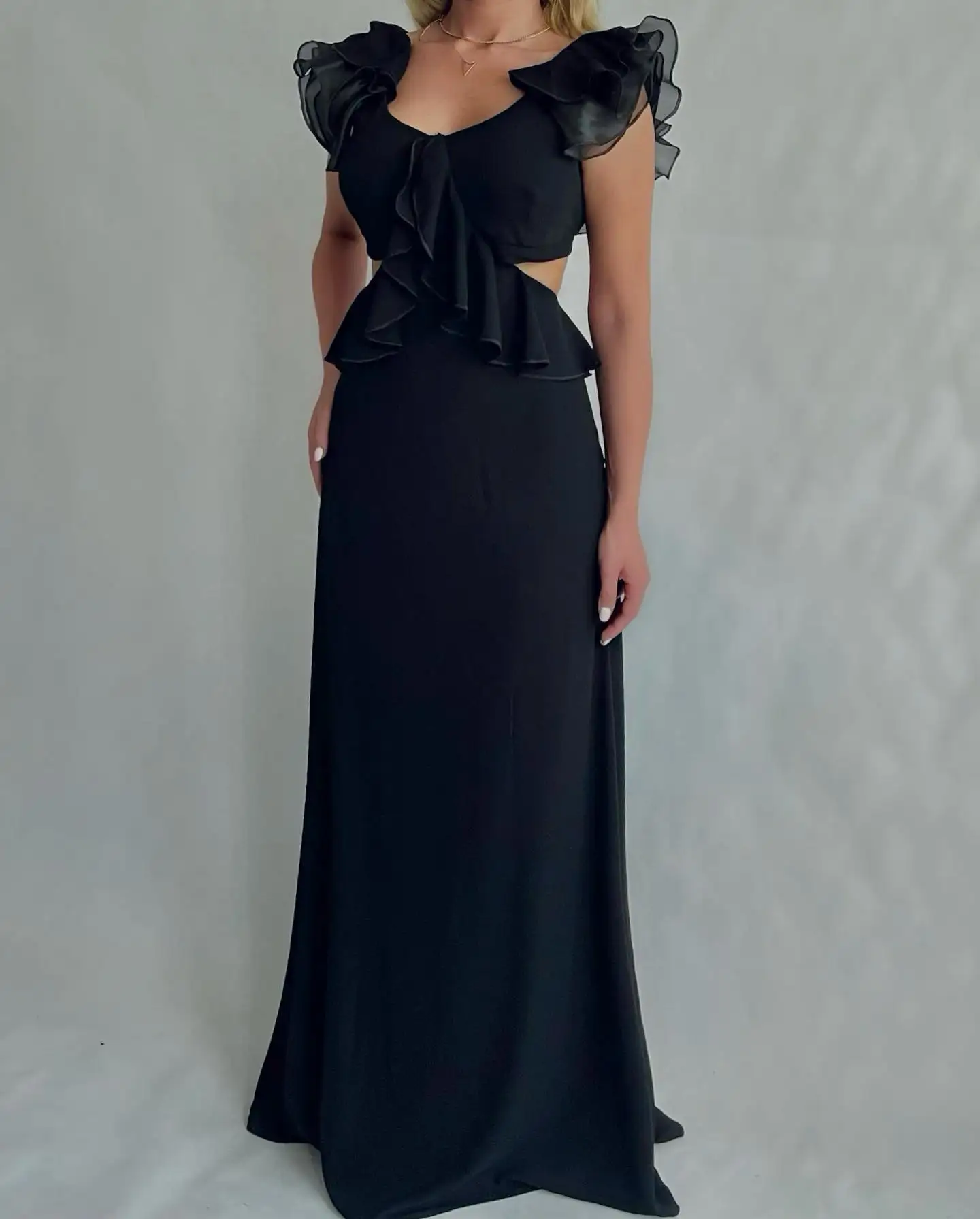 

Customized Fashion Jersey A-Line Ruffles Tiered Ribbons Evening Dress Delicate Sleeveless V-Neck Floor Length prom dresses