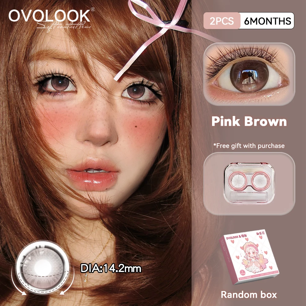 Цветные контактные линзы OVOLOOK Blush Peach Pink-Brown, полугодовые, 14,2 мм, с градиентом цвета сакуры, для милых и женственных образов, 2 шт.