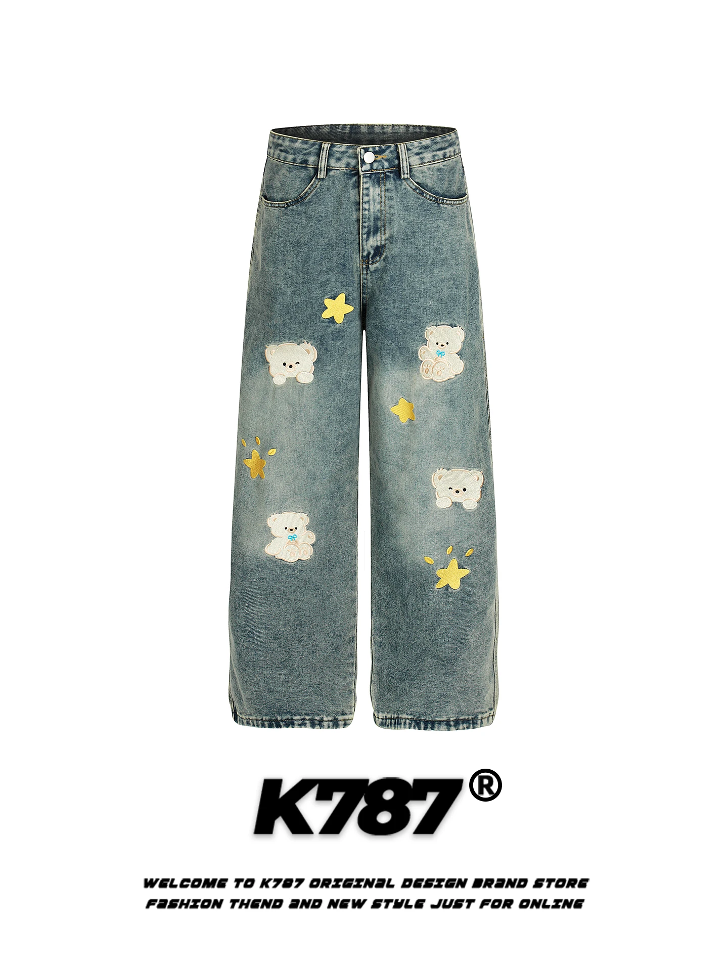 

K787 American Retro Bear Embroidery Jeans Women Loose Casual Lazy Sle Age Reduction Spring Straight Leg Wide Leg Pants