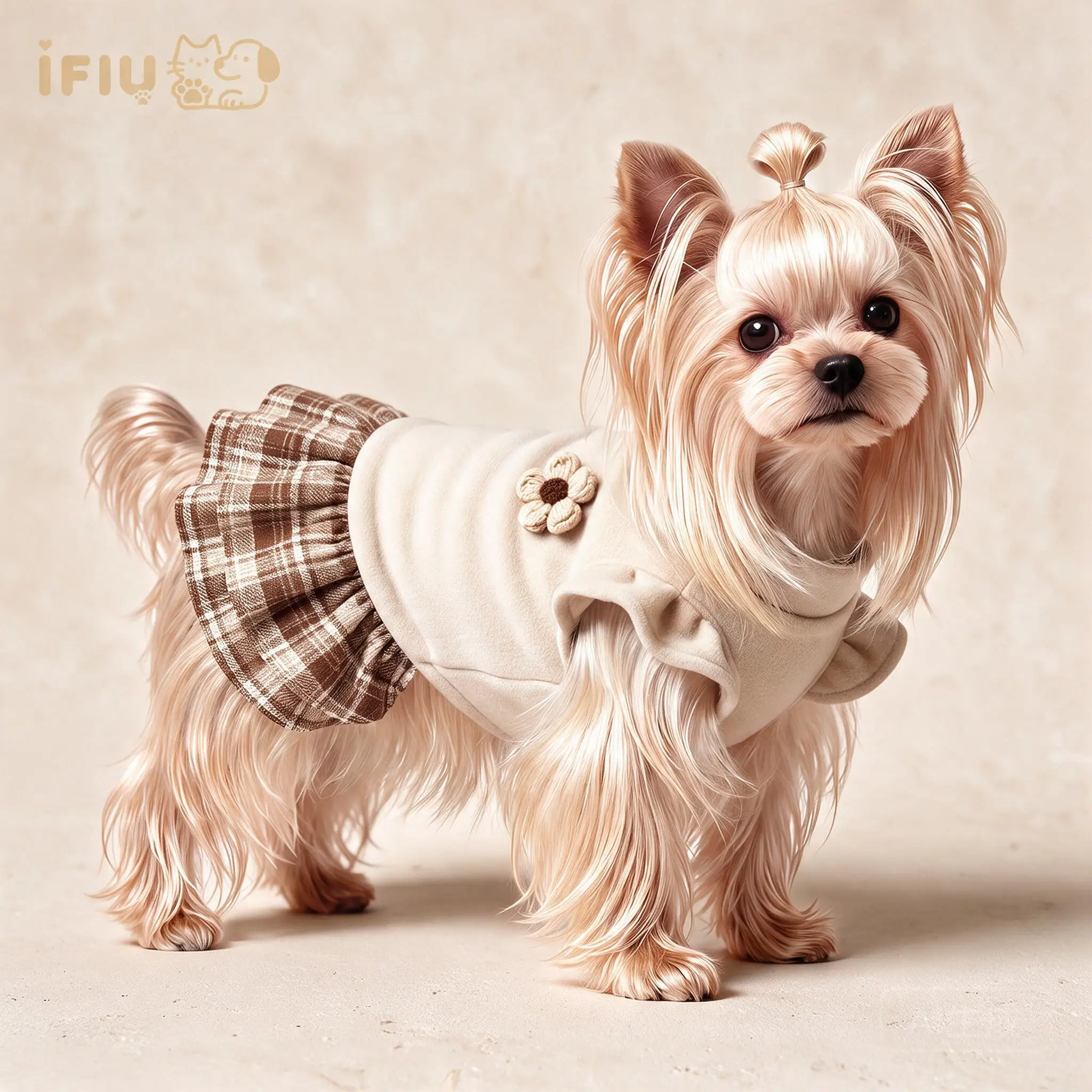 Dog Dress Princess Style Warm Floral Brown Plaid Skirt Pet Outfit For Small Dogs Yorkie Bichon Frise Spring Autumn Winter Wear