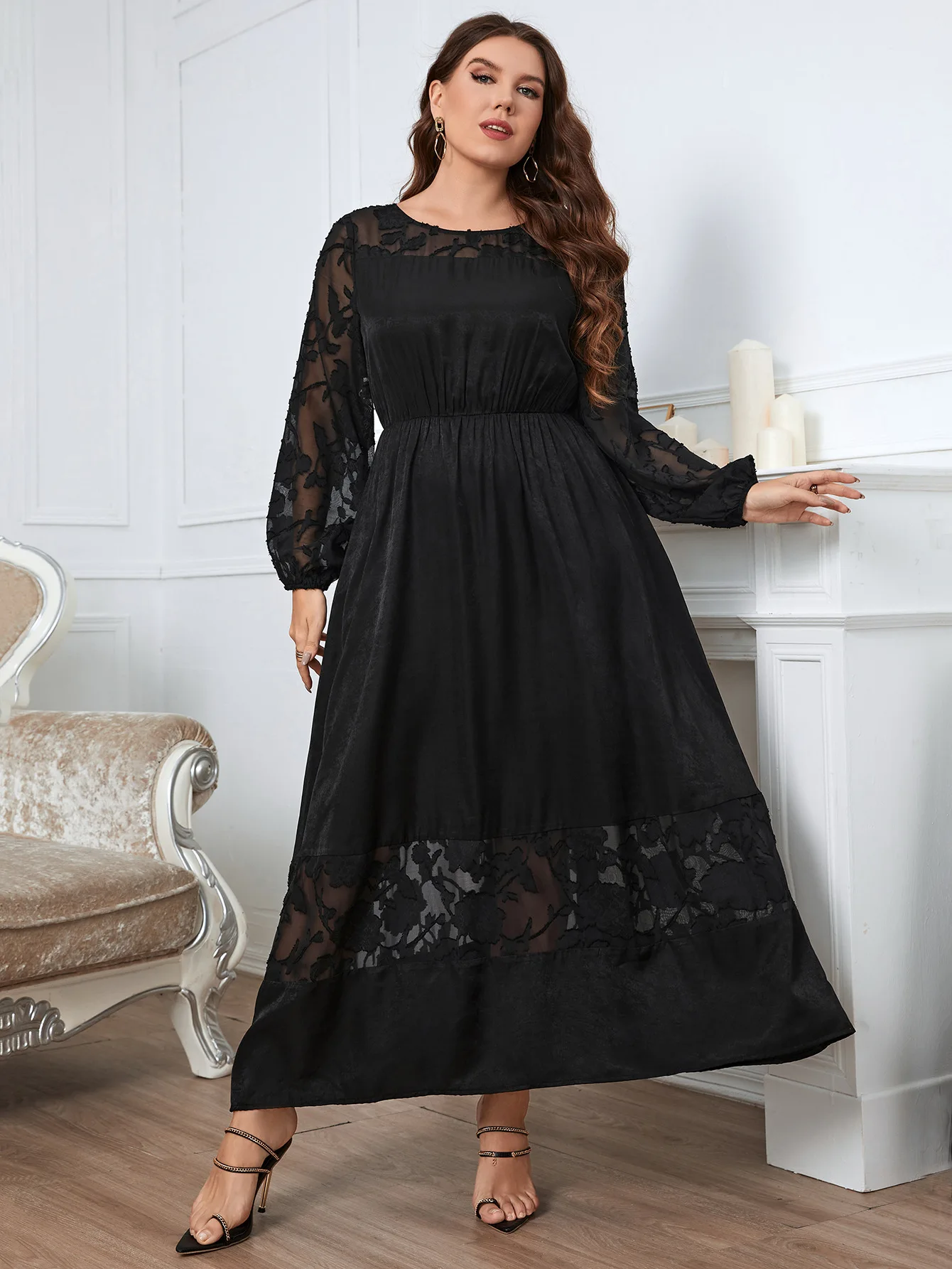 Plus Size Lace Dress For Women Sexy See Through Long Sleeves Robe Maxi Solid Color Dress Autumn Female Elegant Clothing Gown