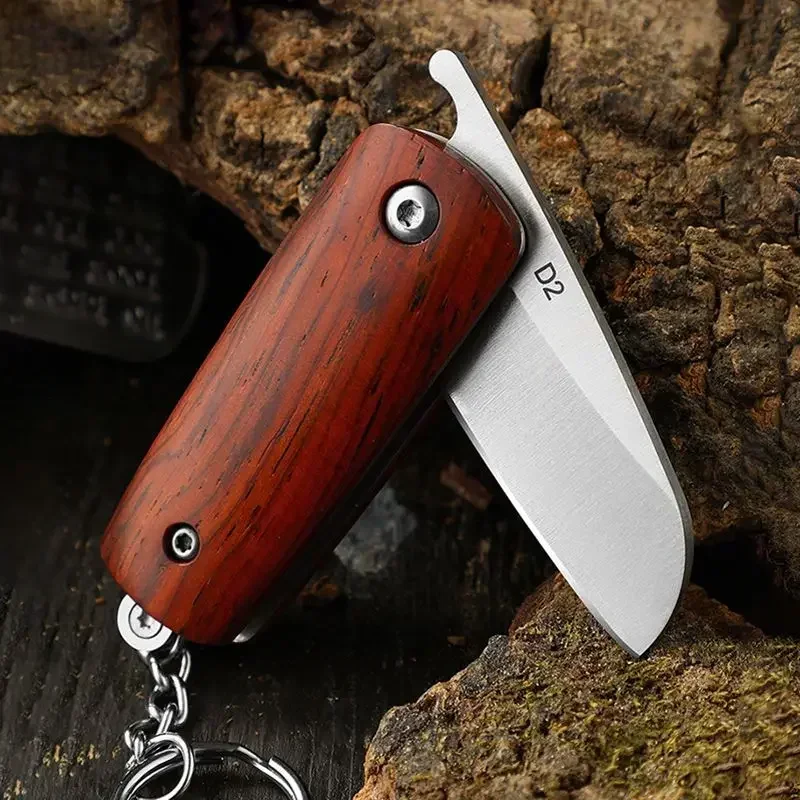 Portable Wooden Handle Folding Knife with Stainless Steel Blade, Keychain, Travel Camping Tools, Men\'s Gift Box