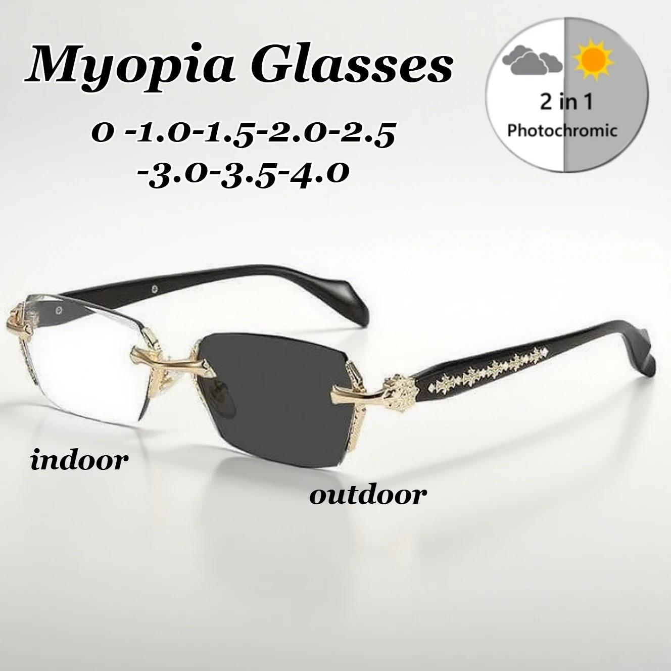 

Neutral Fashion Square Rimless Myopia Glasses Fashionable Photochromic Myopia Glasses Deluxe Blue Light Blocking Glasses