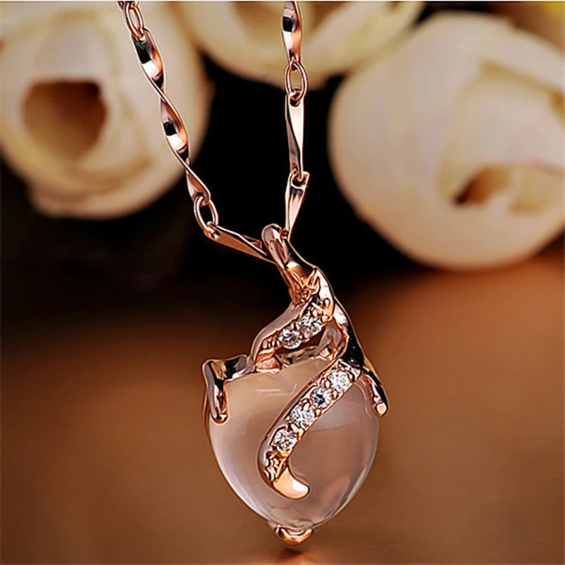 Natural Heart-shaped Hibiscus Stone Pendants Necklaces for Women Pink Crystal Silver Rose Gold Chain Girl Gifts One Piece Drop