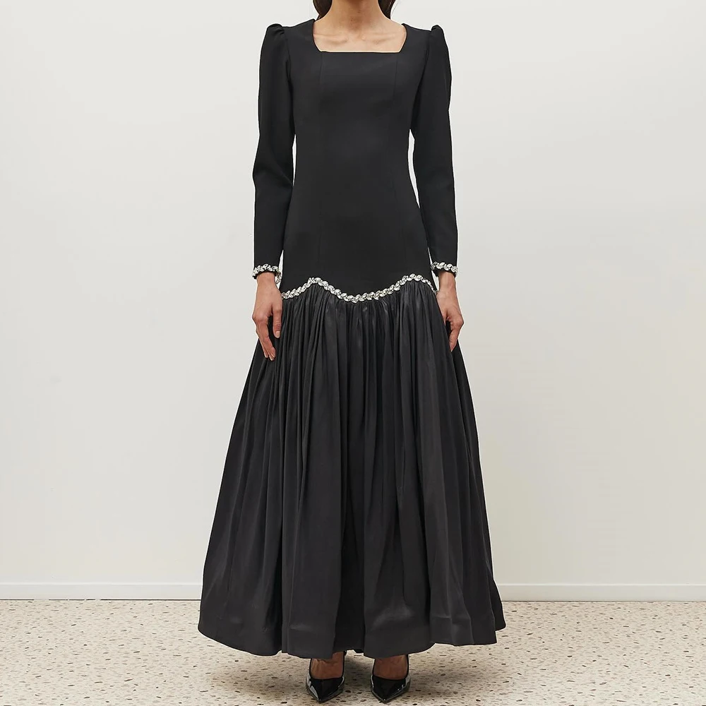 

Индивидуальные вечерние платья трапециевидной формы длиной до щиколотки с квадратным воротником и длинными рукавами, платье для выпускного вечера Fsahion, простое драпированное вечернее платье с кристаллами