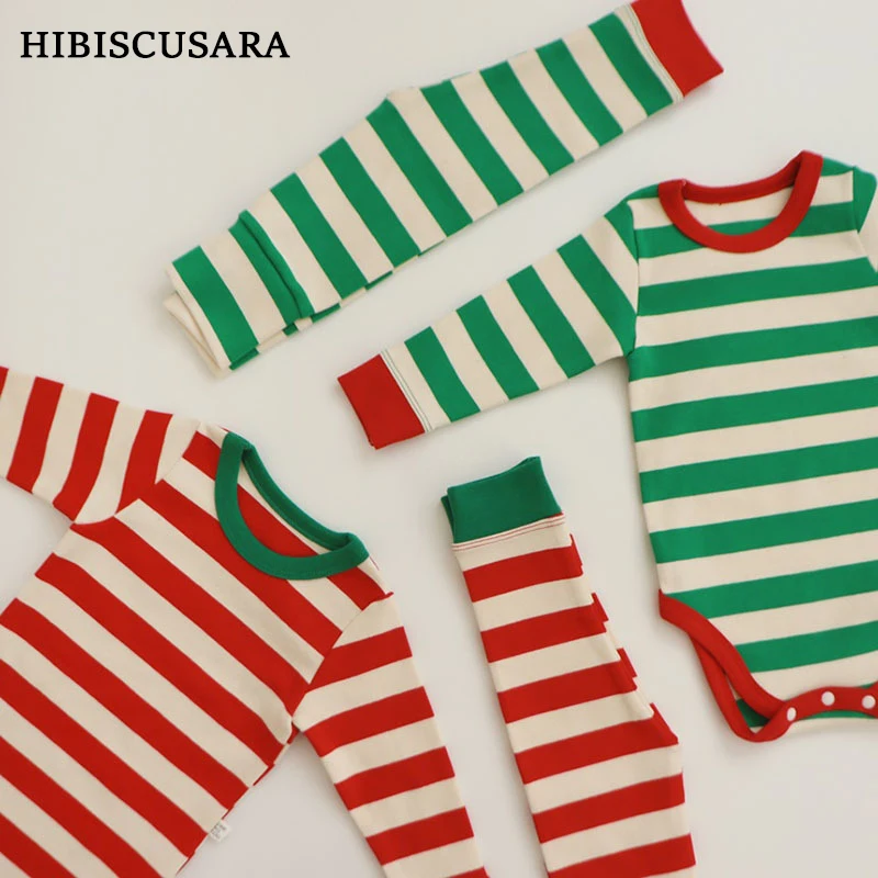 Pure Cotton Baby Pajamas Sets Red Green Striped Infant Boy Girl Pyjamas Romper Pants 2pcs Sets Long Johns For Christmas New Year