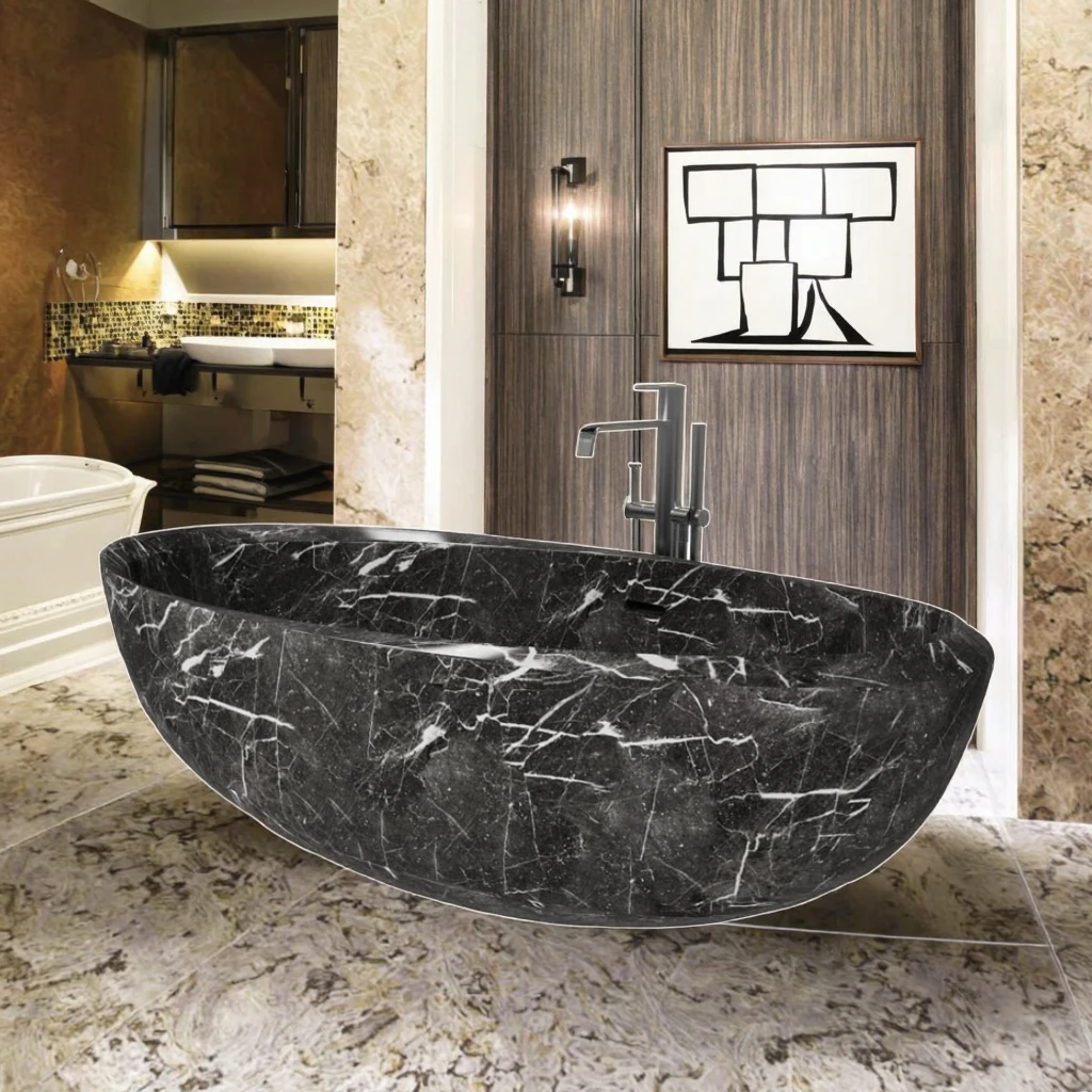 HZX Factory Nero Marquina Marble Nature Polished Stone Soaptub Whirlpool Massage and Soaking Bathroom Shower Bathtub for Villas