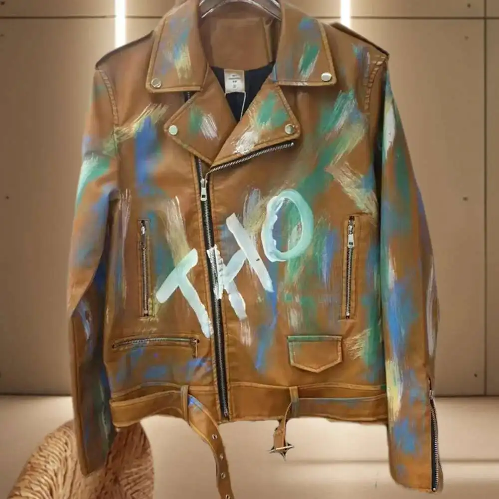 

Graffiti Print Jacket Men Jacket Coat Jaqueta Bomber Men Faux Leather Jacket Top Quality Luxury Letter Punk Club Outfit Jacket