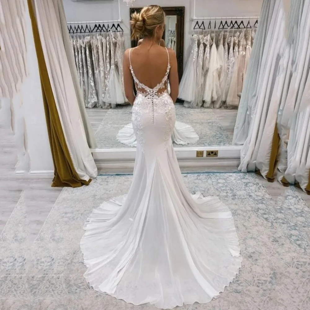White Spaghetti Strap Mermaid Wedding Dress Deep V Illusion Bodice Lace Appliques Chiffon Sweep Train Bridal Gown Robe De Mariée