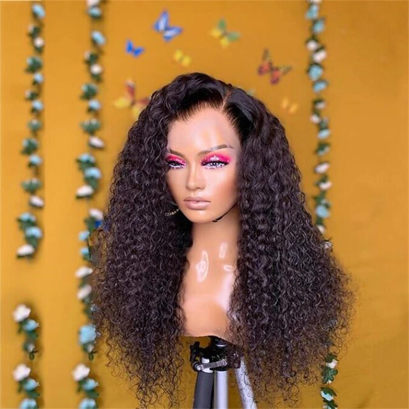 미리 뽑은 부드러운 긴 곱슬 내추럴 블랙 180 밀도, 자연스러운 헤어 라인 레이스 프론트 가발, 흑인 여성 아기 머리용, 26 인치