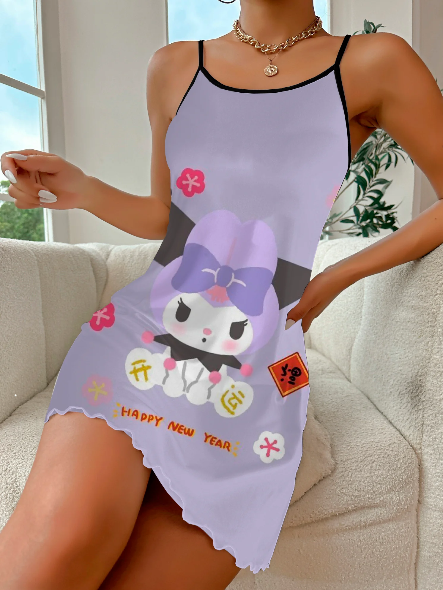 Kuromi-Vestido corto de cuello redondo con falda de pijama de Disney para mujer, minivestido elegante con ribete de lechuga, moda de verano, 2024