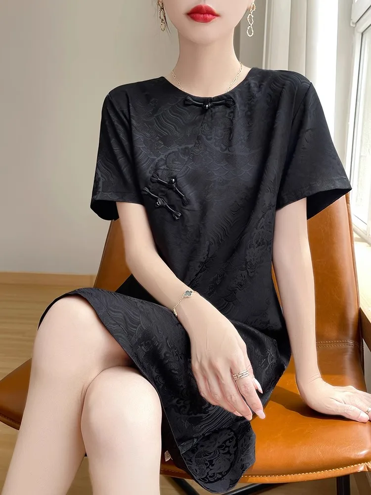 Nouveau chinois Sle rond Ne ort Sve Dr femmes coupe ample Vintage bouton acétate Satin jupe mince trajet imprimé Summe...