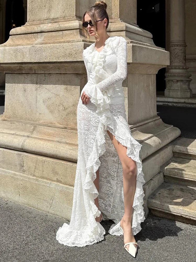 فساتين نسائية من Kliou مطرزة بكشكشة رومانسية فرنسية بأكمام كاملة مكدسة ومقسمة وغمد طويل رداء Mujer Trend Street Frock #5