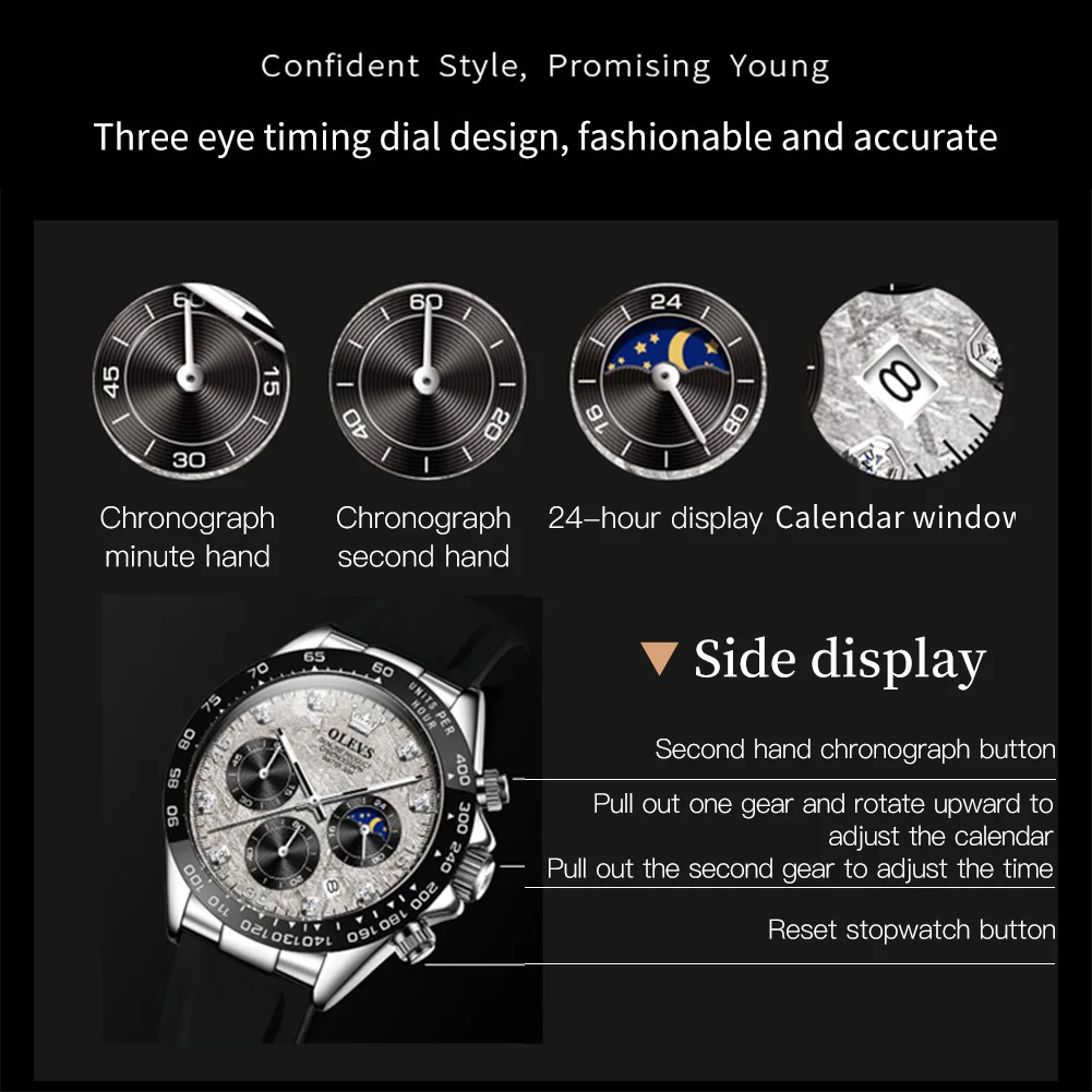 OLEVS Luxury Brand Quartz Watch for Men Waterproof Luminous Moon Phase Hour Men\'s Watch Chronograph Sport Wristwatch Moonswatch