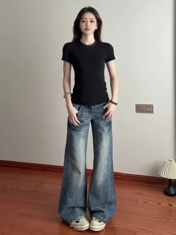 

American Retro Flared Jeans Women's Low Waist Loose Straight Leg Floor-Length Bell Bottoms Casual Comfortable Breathable