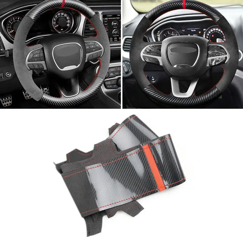 For Dodge Challenger Charger 2015-2021 Durango 2018-2021 Car Steering Wheel Cover Suede Leather Black Bright Carbon Fiber Trim