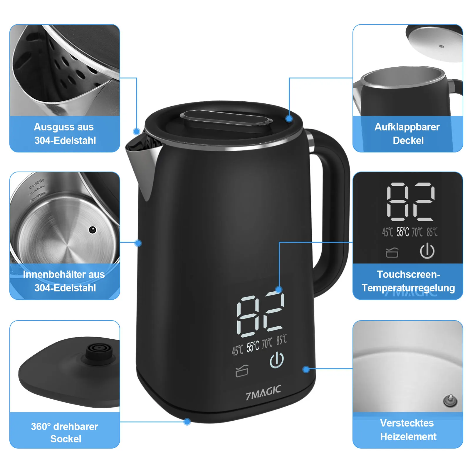 غلاية ستانلس ستيل مع ضبط درجة الحرارة (40 ° ج 100 ° ج) غلاية شاي 1.7 لتر تحافظ على الدفء، شاشة LED مع درجة الحرارة