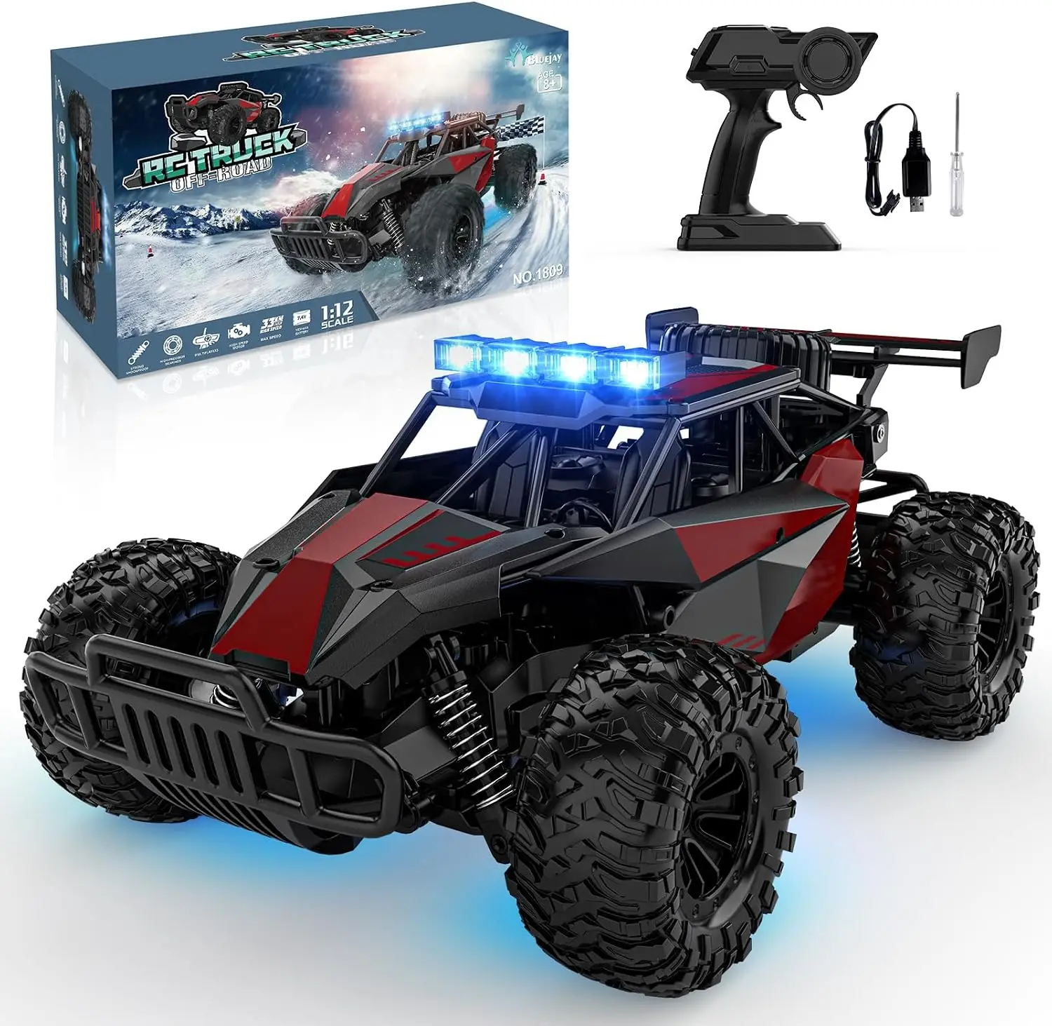 2.4GHz High Speed RC Monster Truck, 1:12 Scale Off-Road Remote Control Car, 33KM/H Fast with LED Headlight, Rechargeable Battery, Perfect Gift for Adults and Boys Ages 8-12