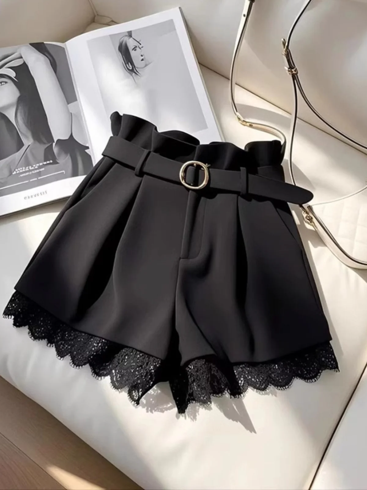 黒ハイウエストレースパッチワークスーツショーツ女性の春小さいサイズフィギュアショー痩身ホットガールカジュアルパンツワイドレッグ