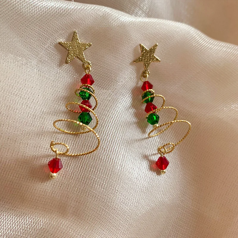 New Trendy Delicate Colorful Christmas Tree Earrings for Women Sweet Star Rotate Tree Drop Earrings Aesthetic Jewelry Gifts