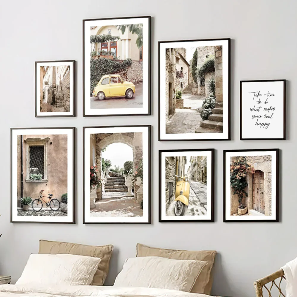 Decor Mediterranean Vintage Town Car Plant Quote Landscape Wall Art Canvas Painting Posters And Prints Picture For Living Room