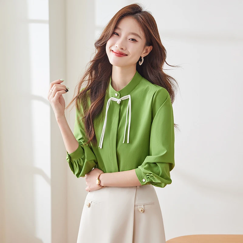 NAVIU Spring Autumn Women's Shirt Stand Collar Solid Colored Beaded Office Ladies Long Sleeve Chiffon Blouses Chinese Style Tops