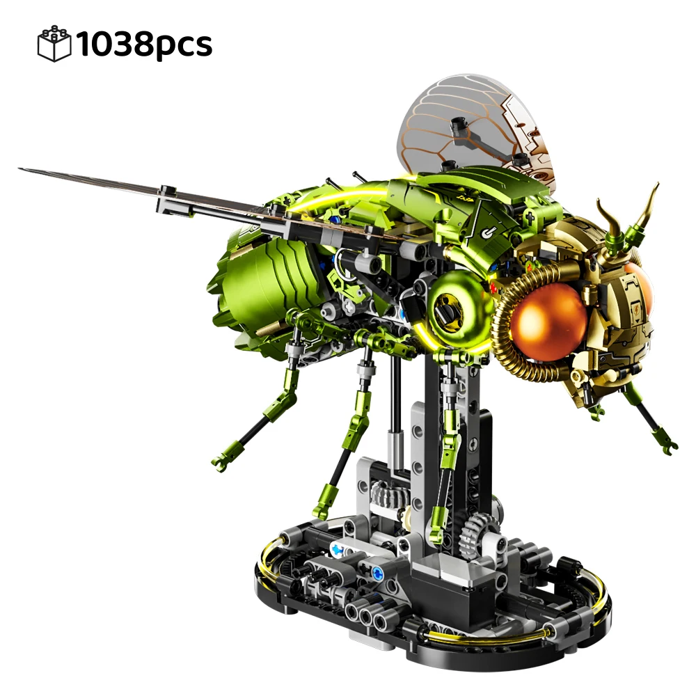 1038 stuks MOC Technische Fly Drosophila Bouwstenen, Cyberpunk Mechanisch Insectenmodel, Verlichte Gear Desktop Gift