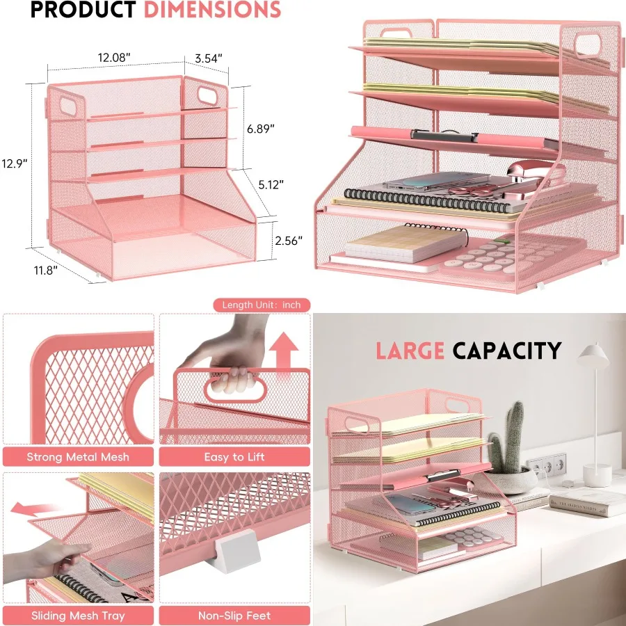 منظم ملفات مكتبي مكون من 5 طبقات مع صينية ورق معدنية لتنظيم المكاتب المنزلية الفعالة وتصميم اللون الوردي لتعزيز Wor #1