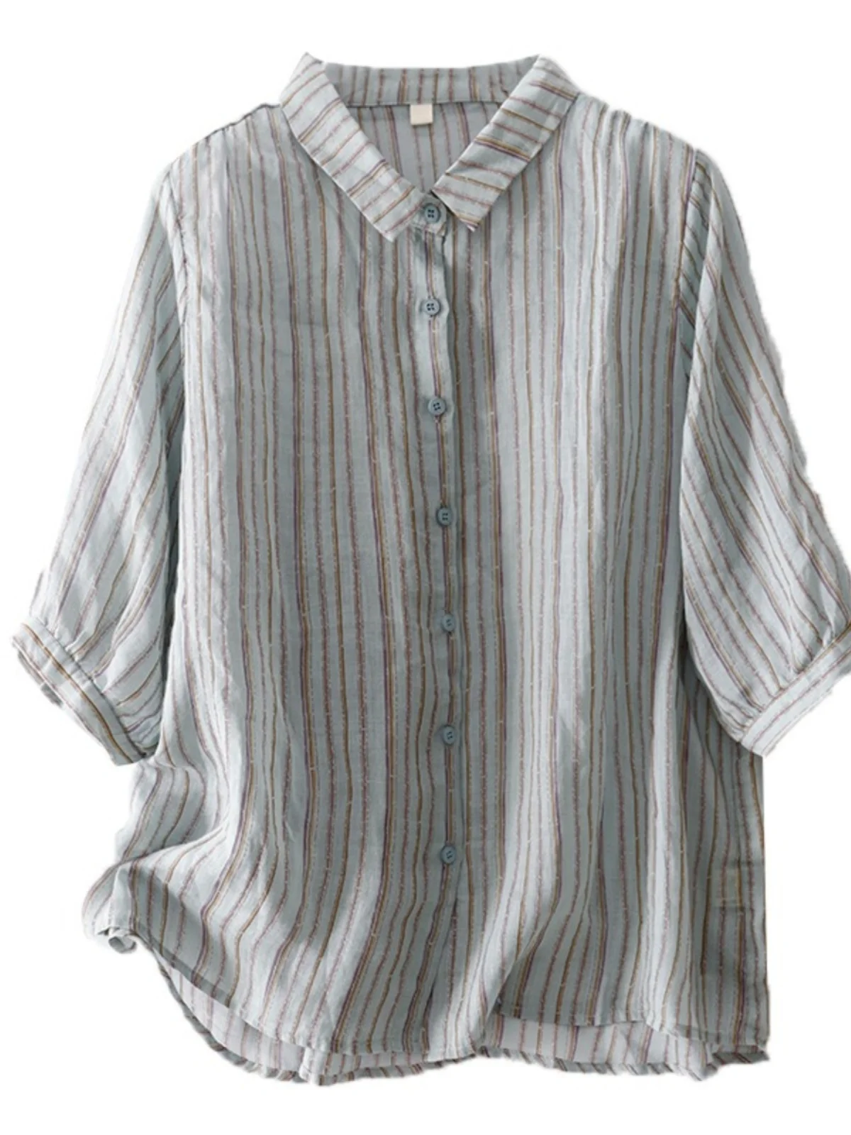 Retro Flannel Stripe Shirt Women Summer Fashion Loose Versatile Turn-down Collar Cotton Linen Seven Sleeve Tops - view 5