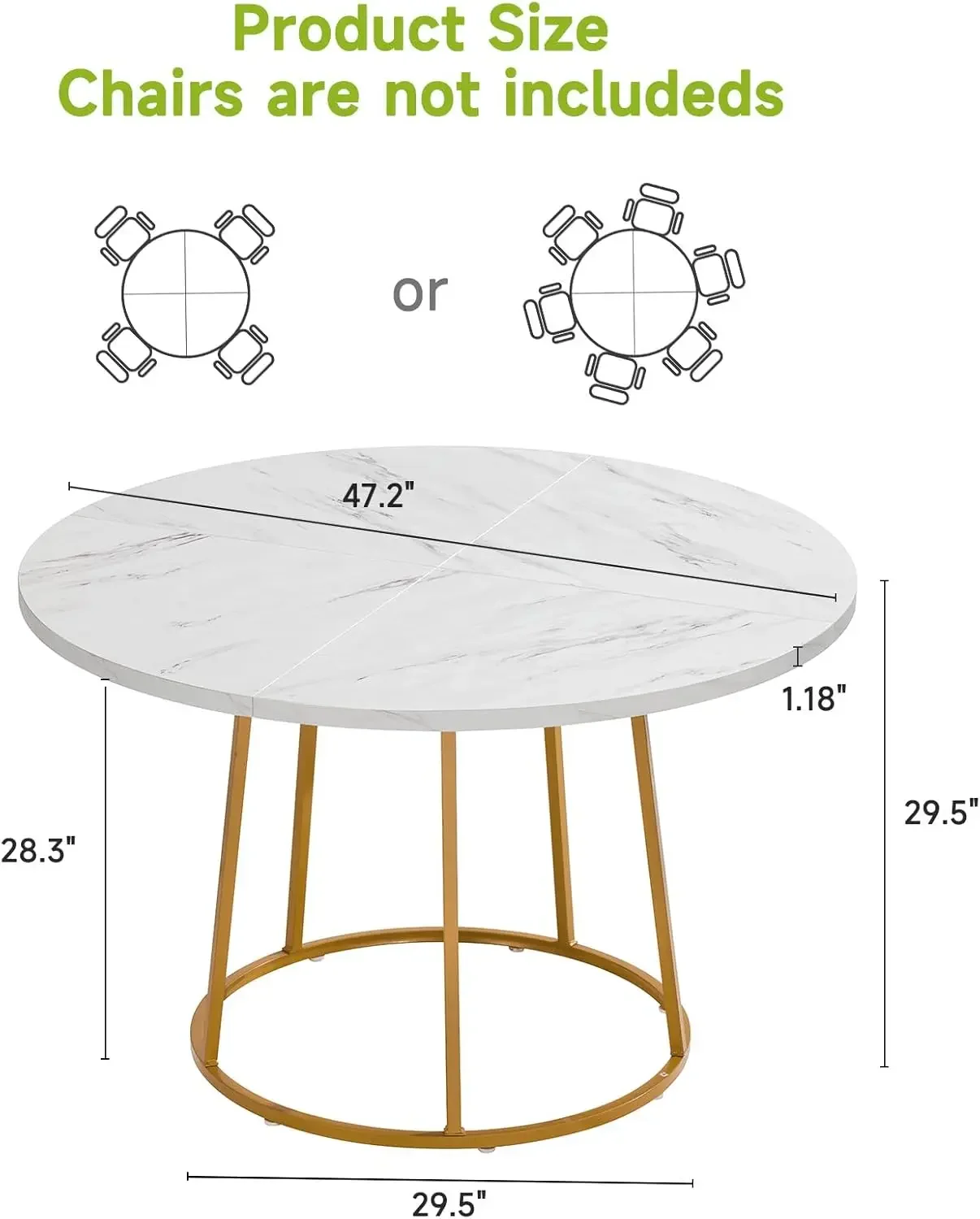 Eettafel, 47,24 inch keukentafel voor 4-6 personen, houten kunstmarmeren eettafel met gouden onderstel, cirkel modern klein