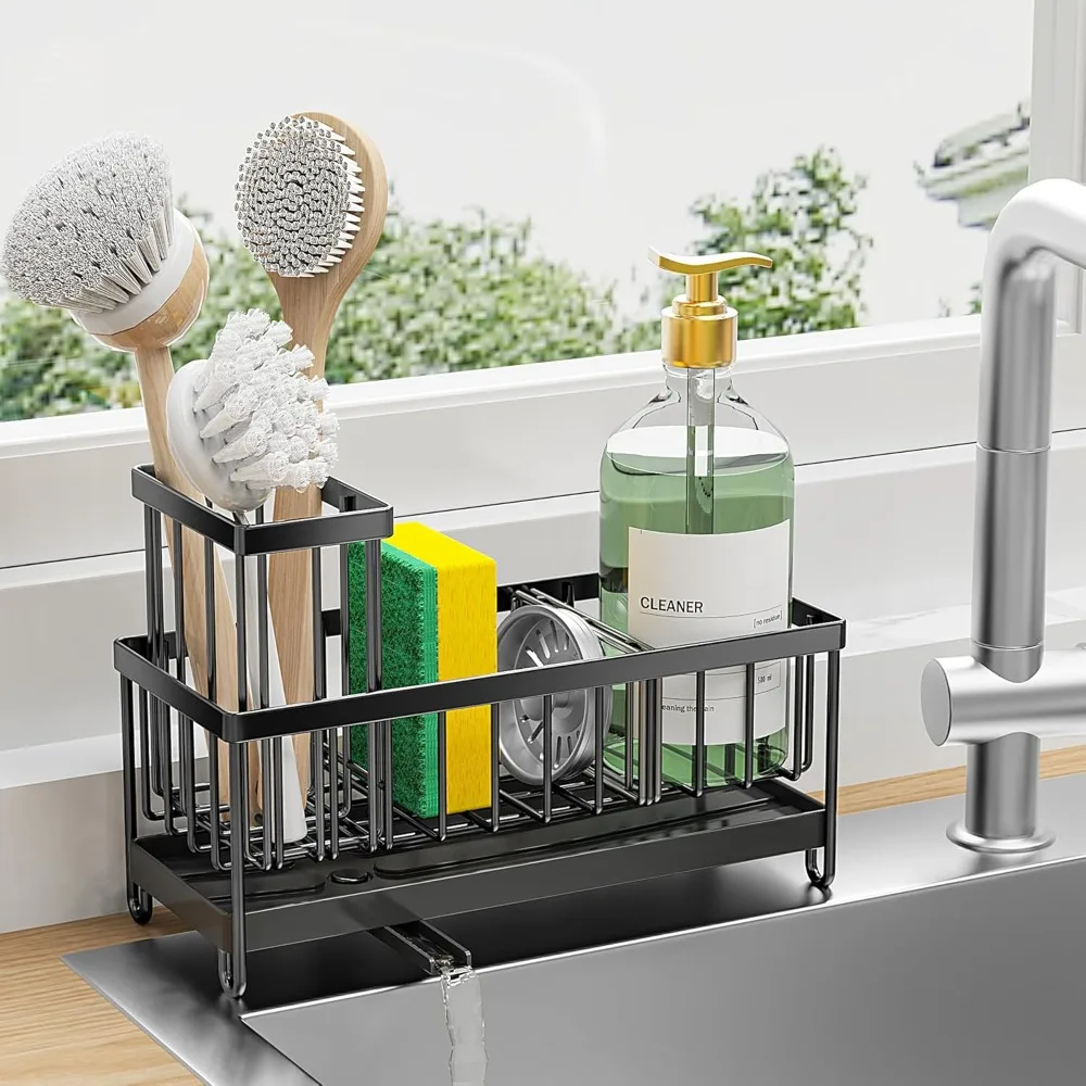 

Black Sponge Holder for Kitchen Sink, Sink Caddy Organizer with High Brush Holder, Kitchen Countertop Organizers and Storage Es