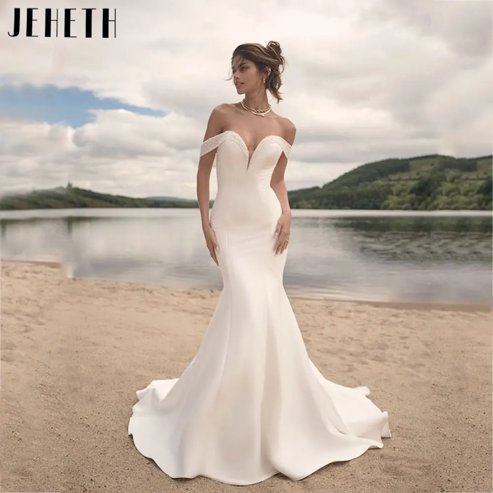 JEHETH Beading Off Shoulder Sweetheart Bridal Dresses Mermaid Satin Backless Wedding Gowns Short Sleeves Buttons vestido noiva