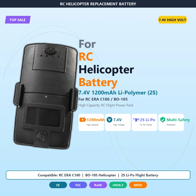 7.4V 1200mAh Li-Polymer Replacement Battery for RC ERA C180 BO-105 Helicopter, High Capacity RC Flight Power Pack Accessories