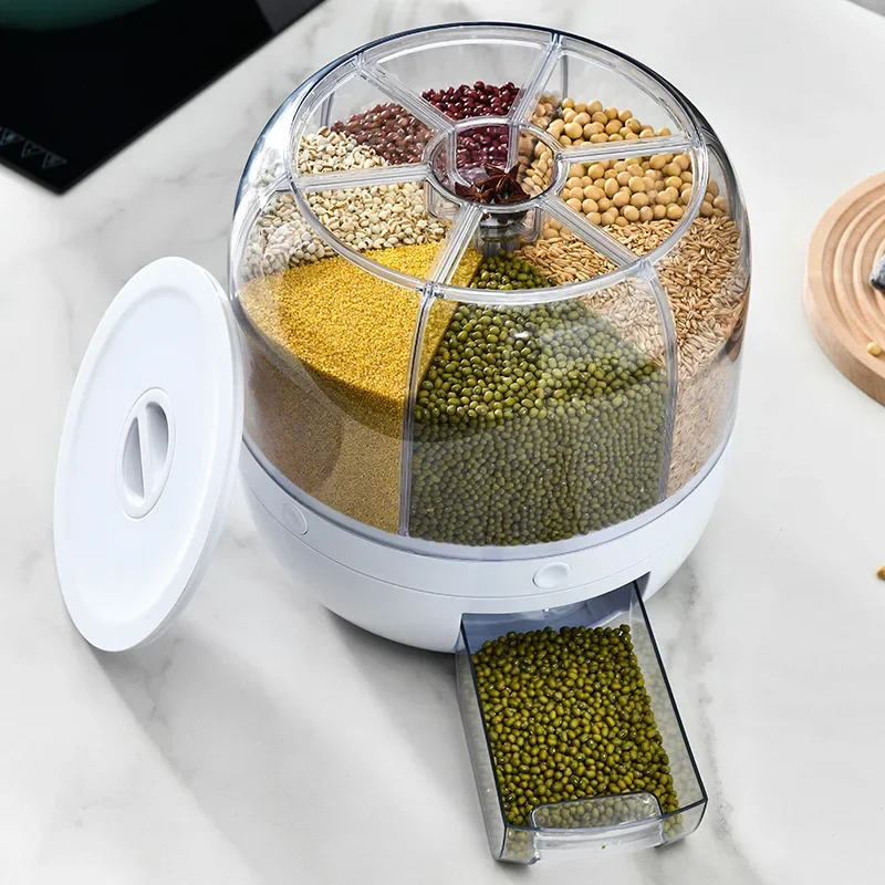 Rotating Rice Dispenser with Sealed Cover, Moisture-Proof, Kitchen Food Storage, 360 Degree