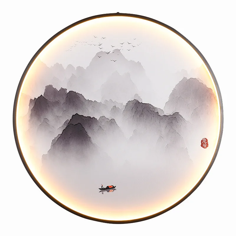 Chinese Zen Style Round LED Fesco Wall Lamp Aluminum Mural Lamp with Landscape Painting for Living Room Background Light