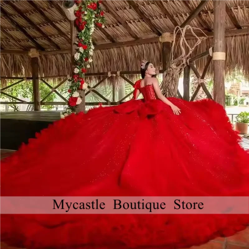 Mexico Red Tulle One Shoulder Quinceanera Dresses Ball Gown 2025 Ruffle Sweet 16 Dress Birthday Party Gown Customized