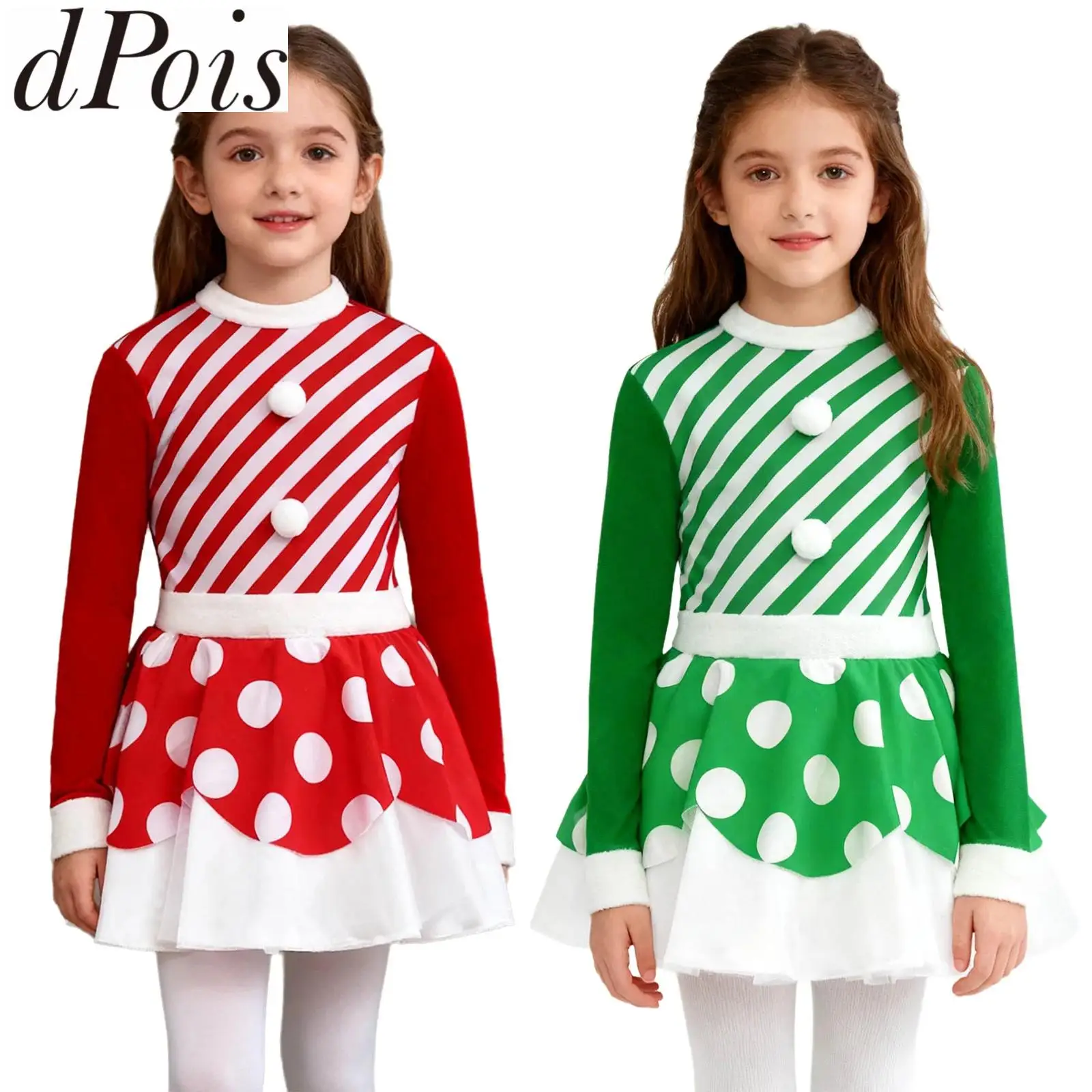귀여운 소녀 캔디 케인 줄무늬 크리스마스 의상 크리스마스 산타 스위티 폼폼 발레 재즈 댄스 체조 레오타드 유니타드 댄스웨어