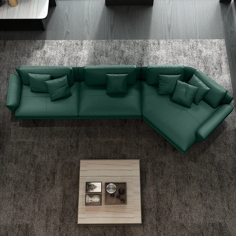 Leather sofa first layer cowhide Italian light luxury living room special-shaped corner small apartment straight row dark green