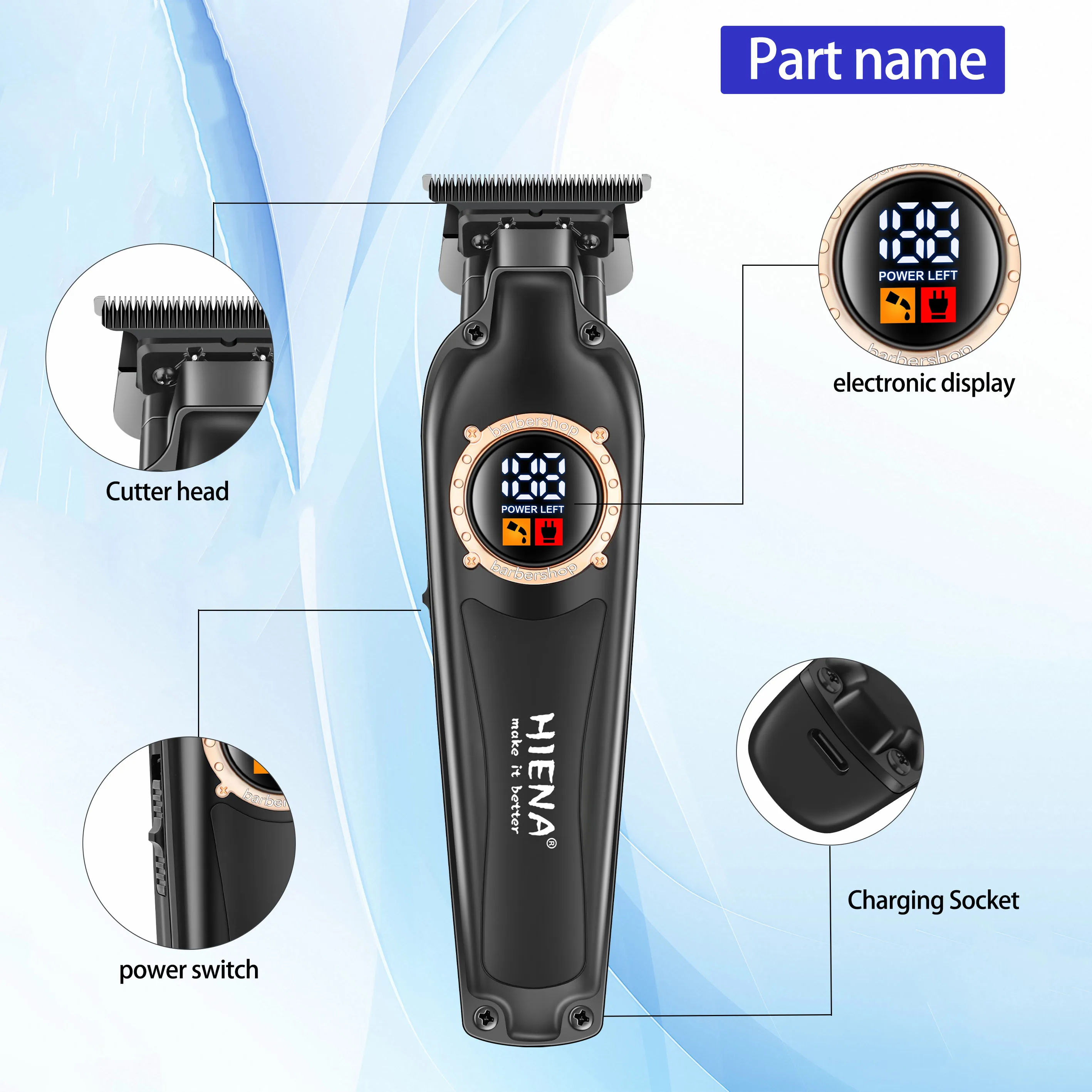 HIENA ไร้สาย Professional Hair Trimmer Men DLC T-Blade Zero Gapped Hair Clipper ไฟฟ้า Finishing ตัดผม