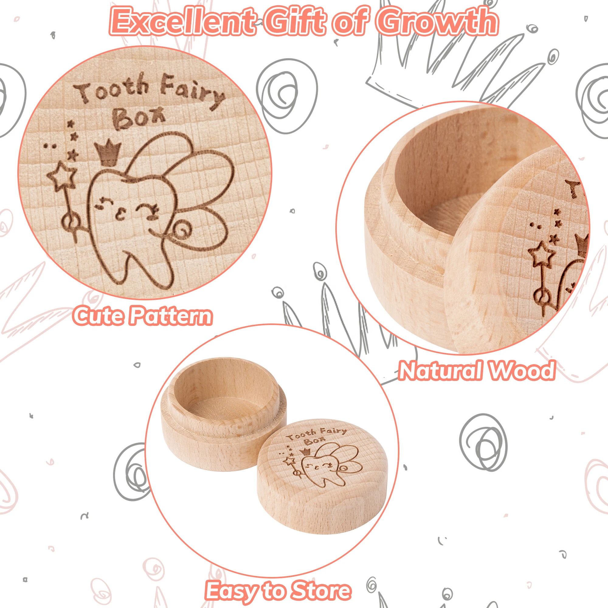 Children\'s souvenir box Baby tooth small wooden box 2pcs set (girls) Baby growth record storage cute small cartoon solid color