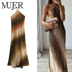 MUJER Tie dye Halter Long Dress Women Off Shoulder Sleeveless Backless Dress 2025 Summer Vintage Dresses Woman Party Dresses